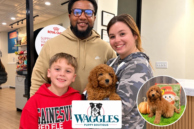 Happy family holding their new Goldendoodle puppy inside Waggles Puppy Boutique in Duluth, GA